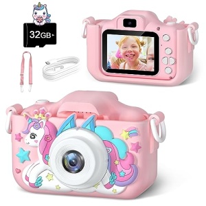 Anesky Kids Camera, Toy Camera for Kids Aged 3 4 5 6 7 8 9 10 11 12, 1080P HD Toddler Digital Video Camera, Children's Camera for Boys and Girls, Perfect Christmas & Birthday Gifts, 32GB Card - Pink